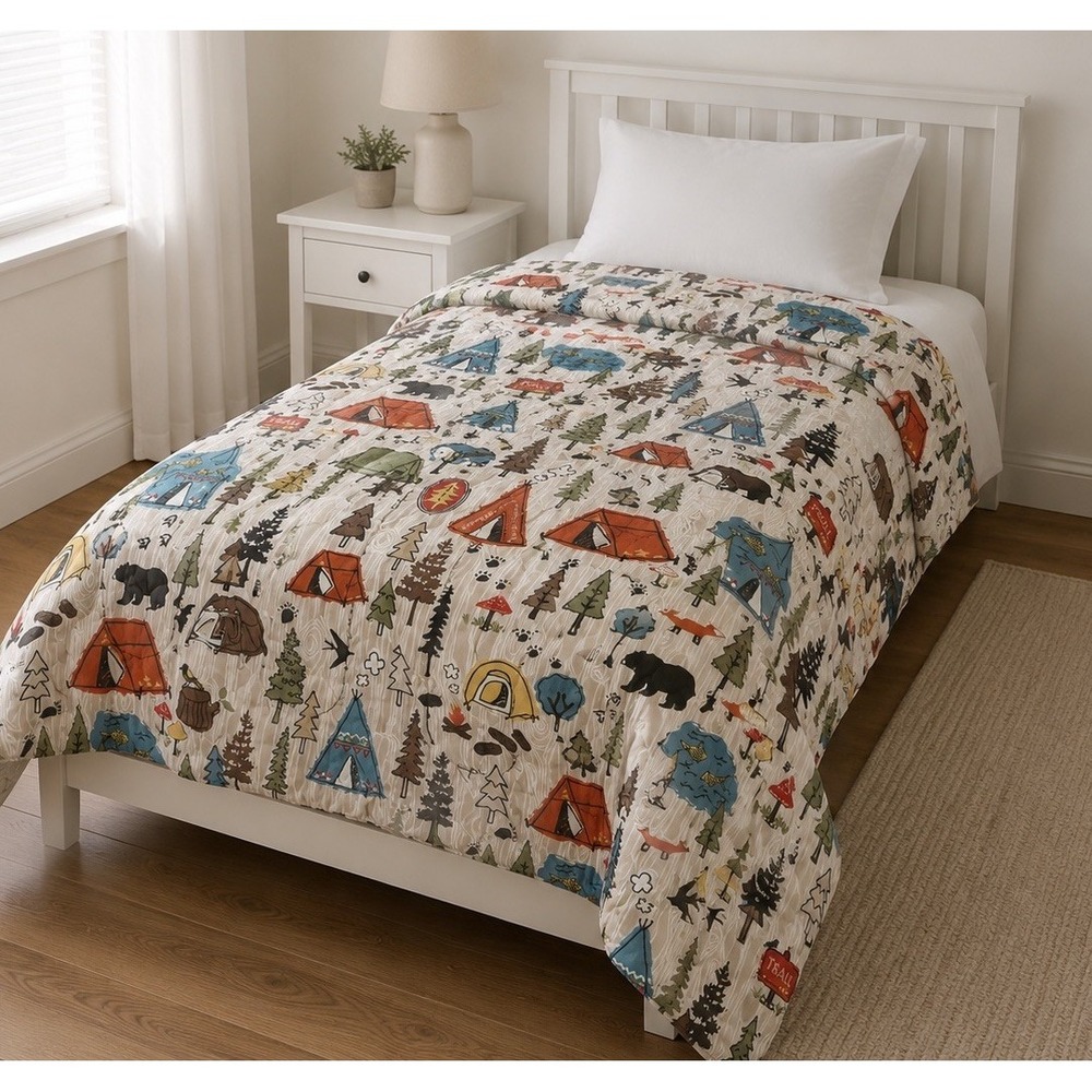 Kids Camping Wilderness Quilt Comforter and Sham Set Twin Tan Multi Adventure